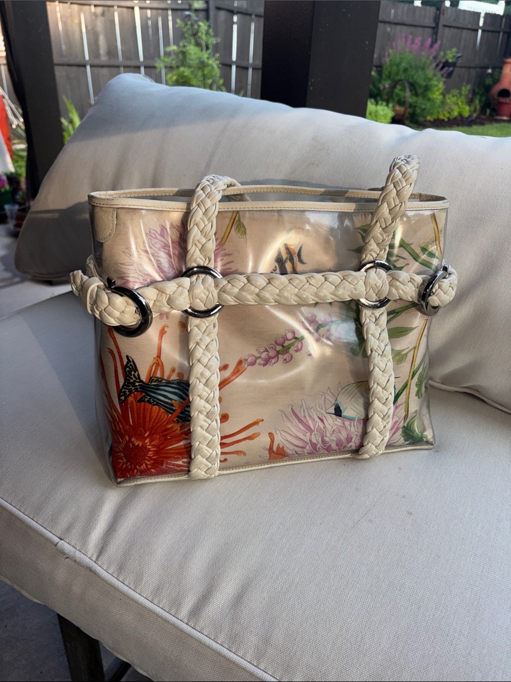 Salvatore Ferragamo Silk Aquarium Print  Tote Bag with Braided Leather Handles